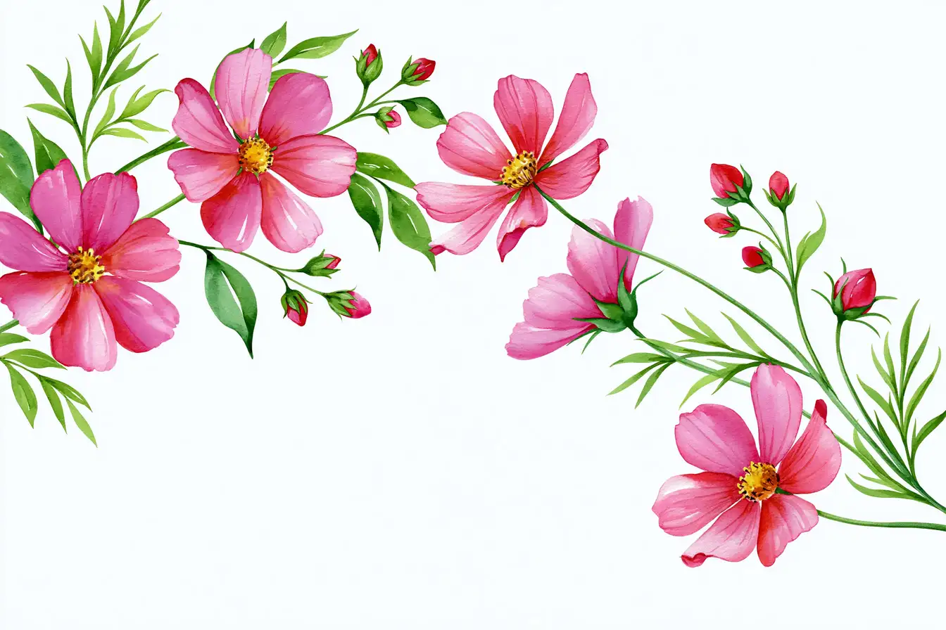 Watercolor pink cosmos flowers bouquet on white background