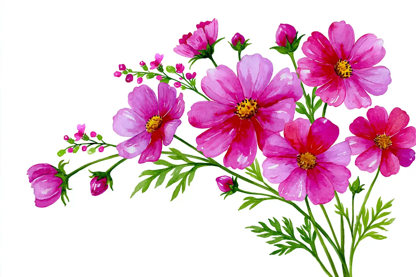 Watercolor pink cosmos flowers bouquet on white background