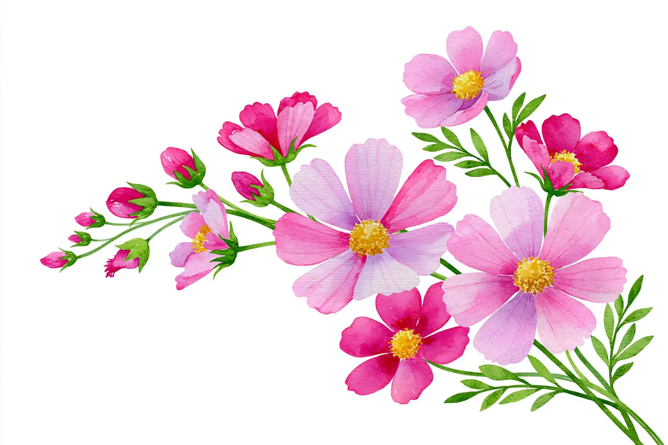 Watercolor pink cosmos flowers bouquet on white background