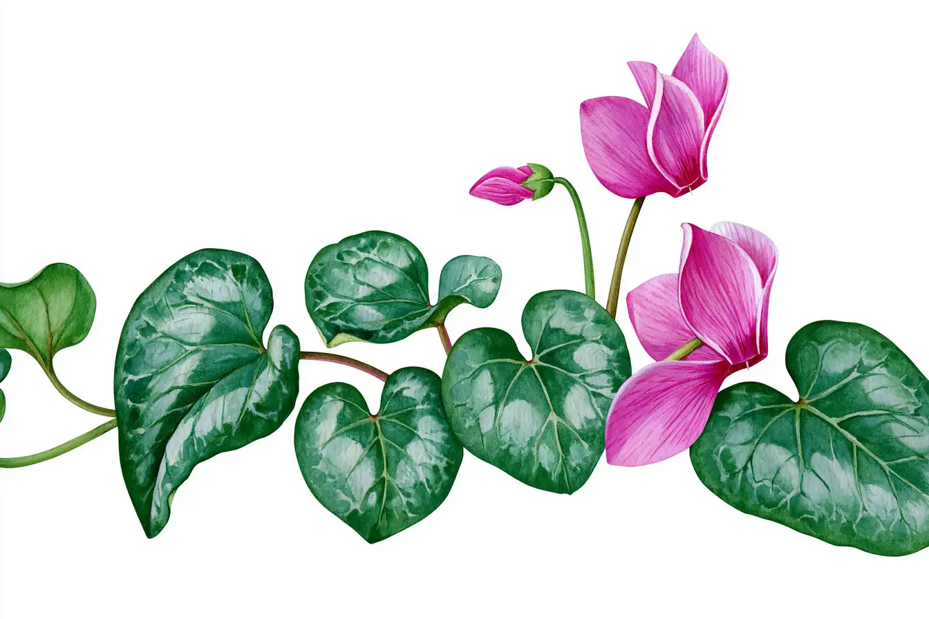 Watercolor botanical illustration of pink cyclamen flowers with green leaves on white background