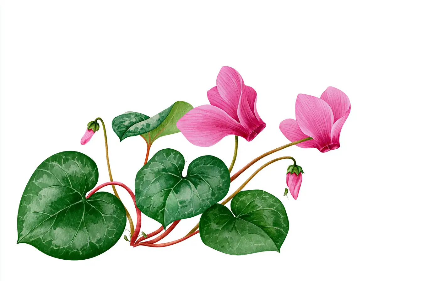 Watercolor botanical illustration of pink cyclamen flowers with green leaves on white background