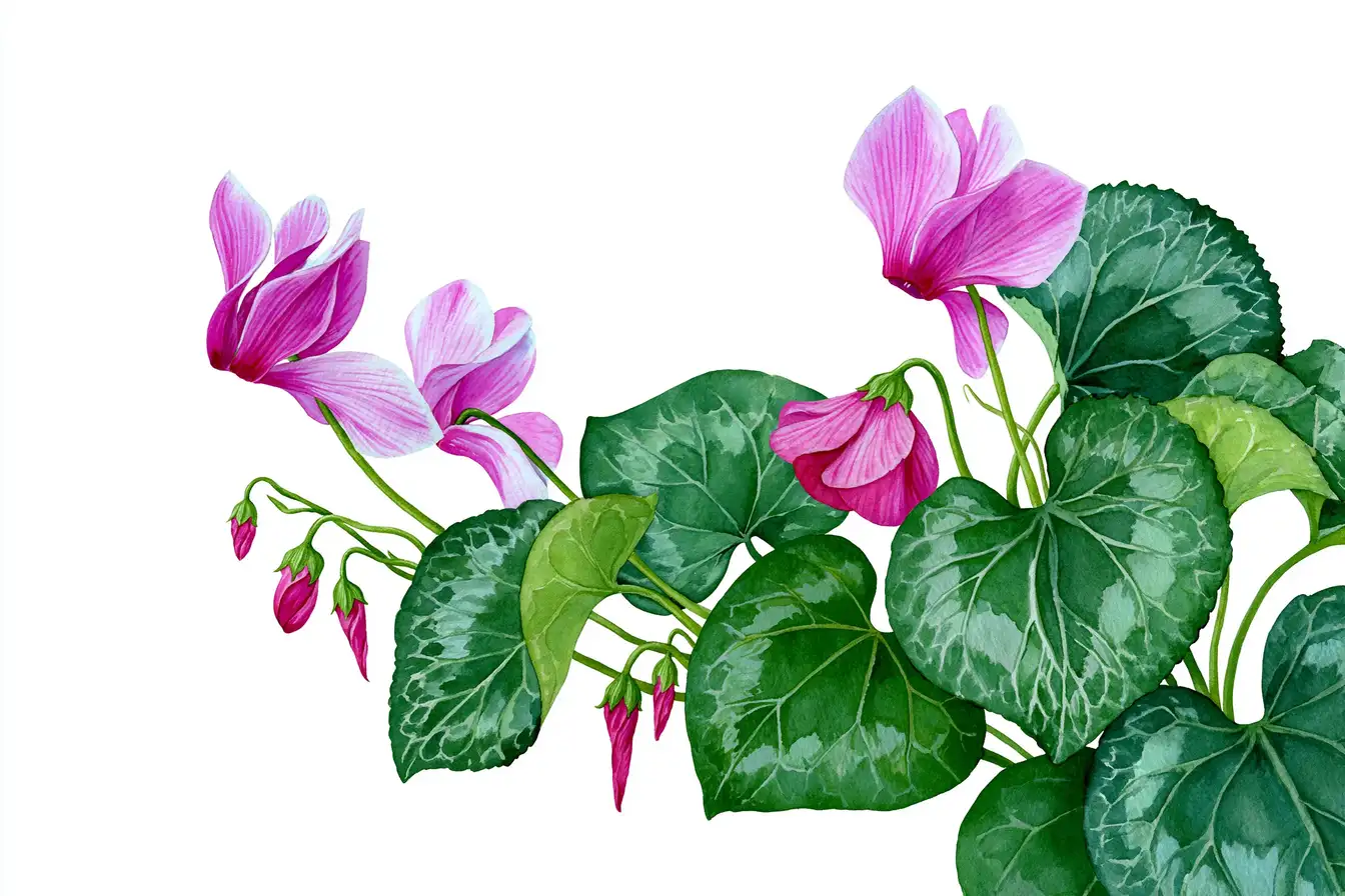 Watercolor botanical illustration of pink cyclamen flowers with green leaves on white background