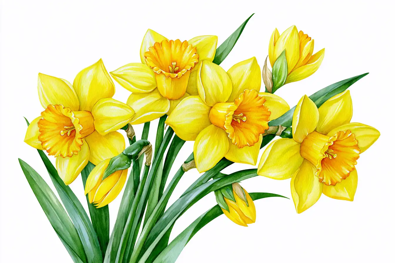 Yellow Daffodil Flower Bouquet Watercolor Illustration