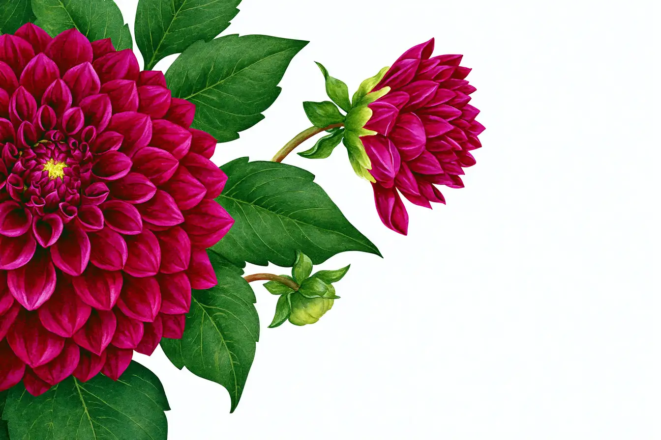 Magenta dahlia flowers and green leaves botanical illustration