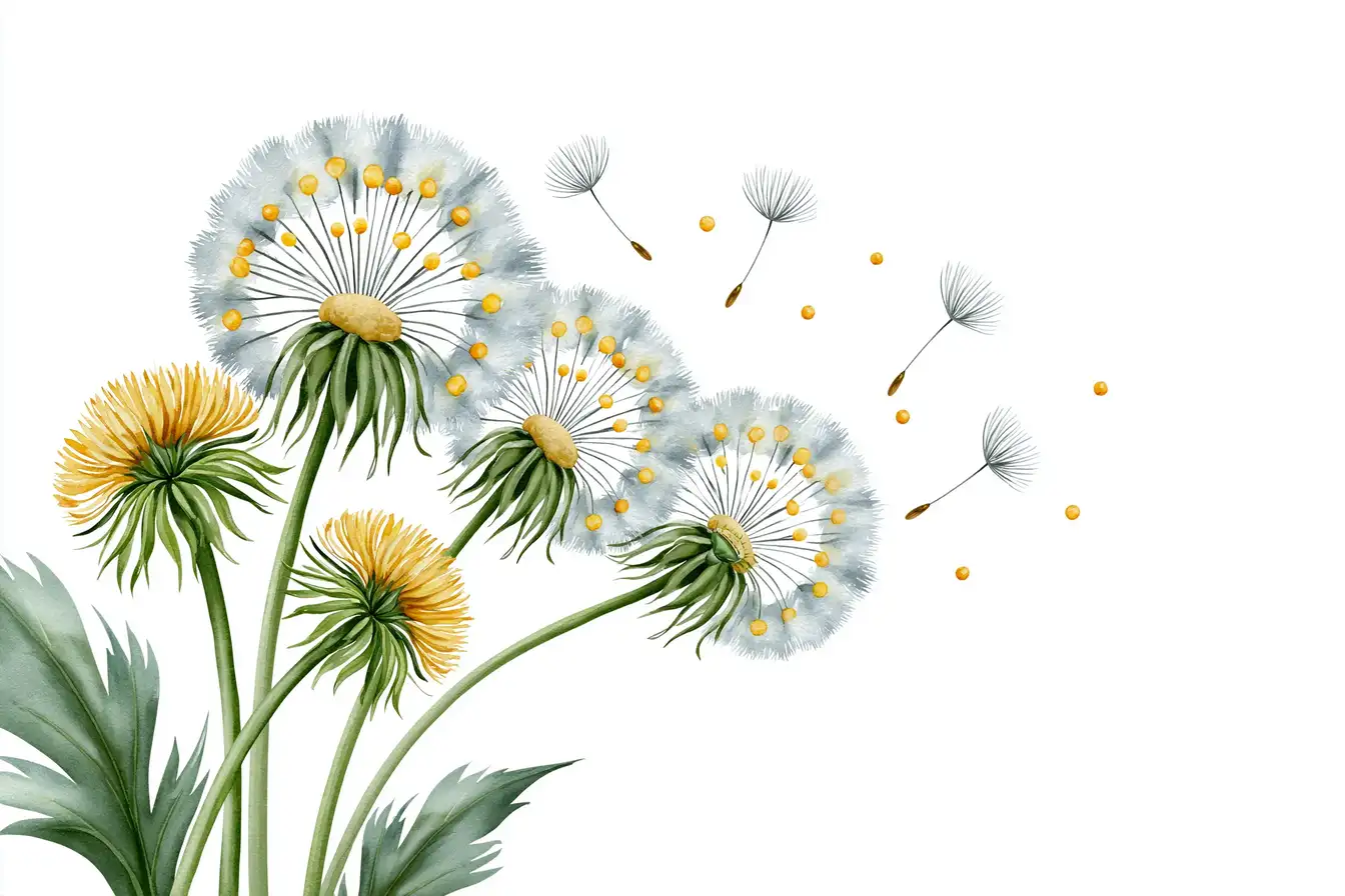 Watercolor dandelion flowers with green leaves on white background
