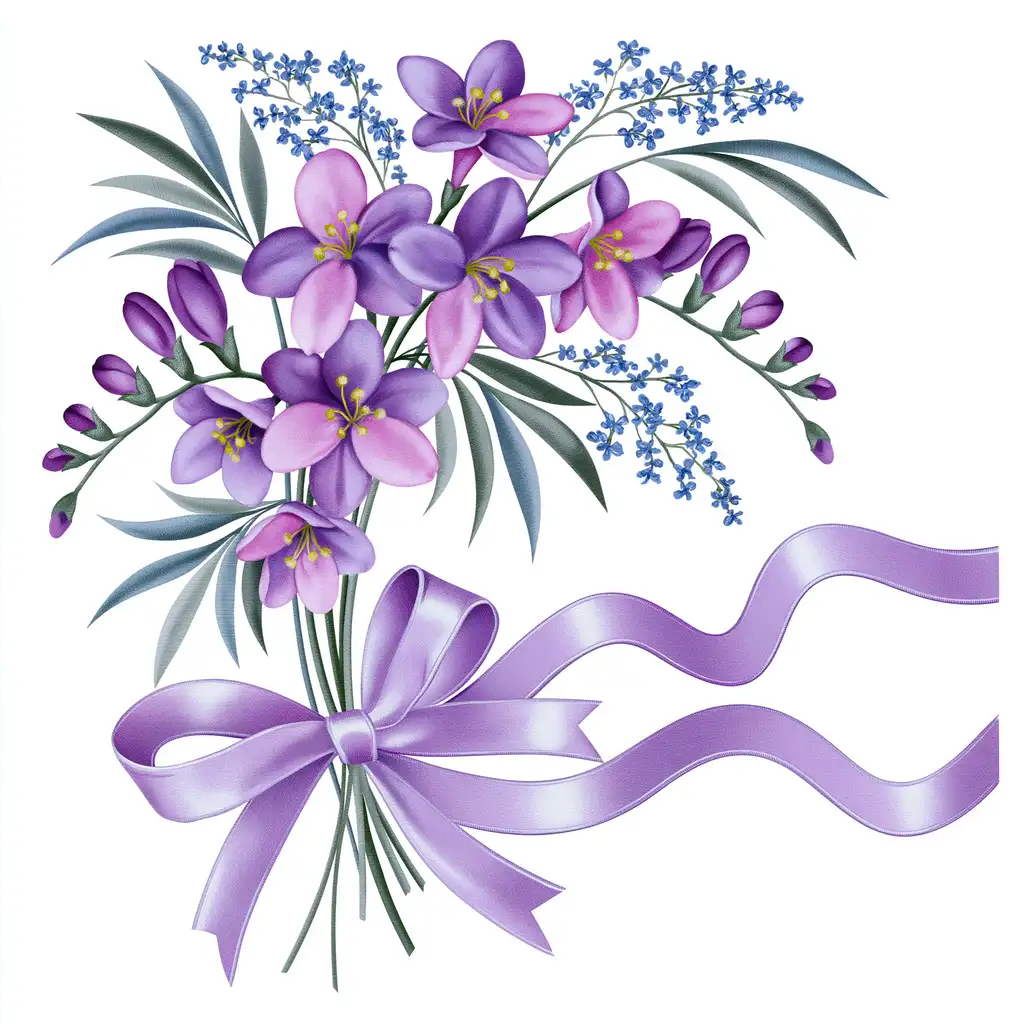 Purple flower bouquet with ribbon on white background