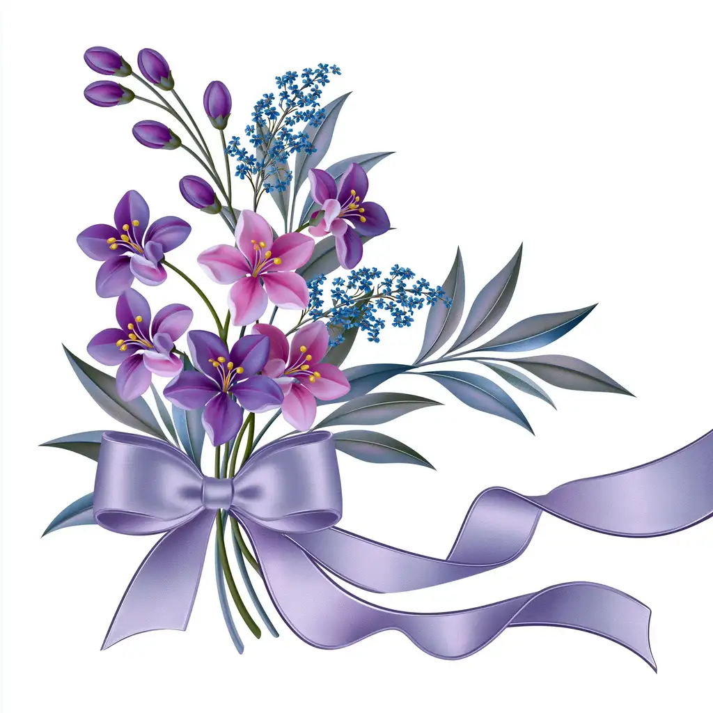 Purple flower bouquet with ribbon on white background