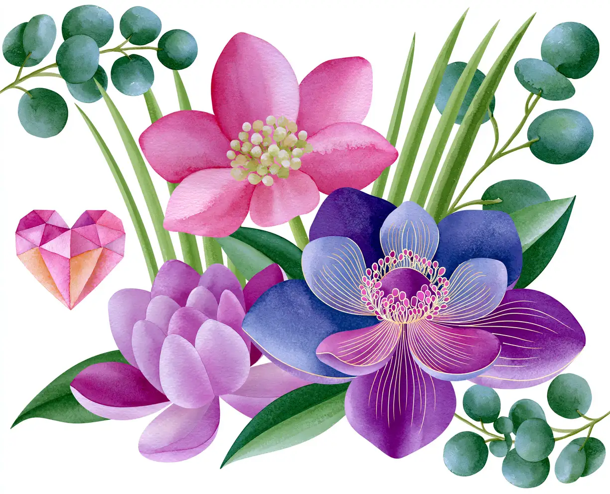 Watercolor floral arrangements featuring colorful flowers eucalyptus leaves and geometric crystal hearts
