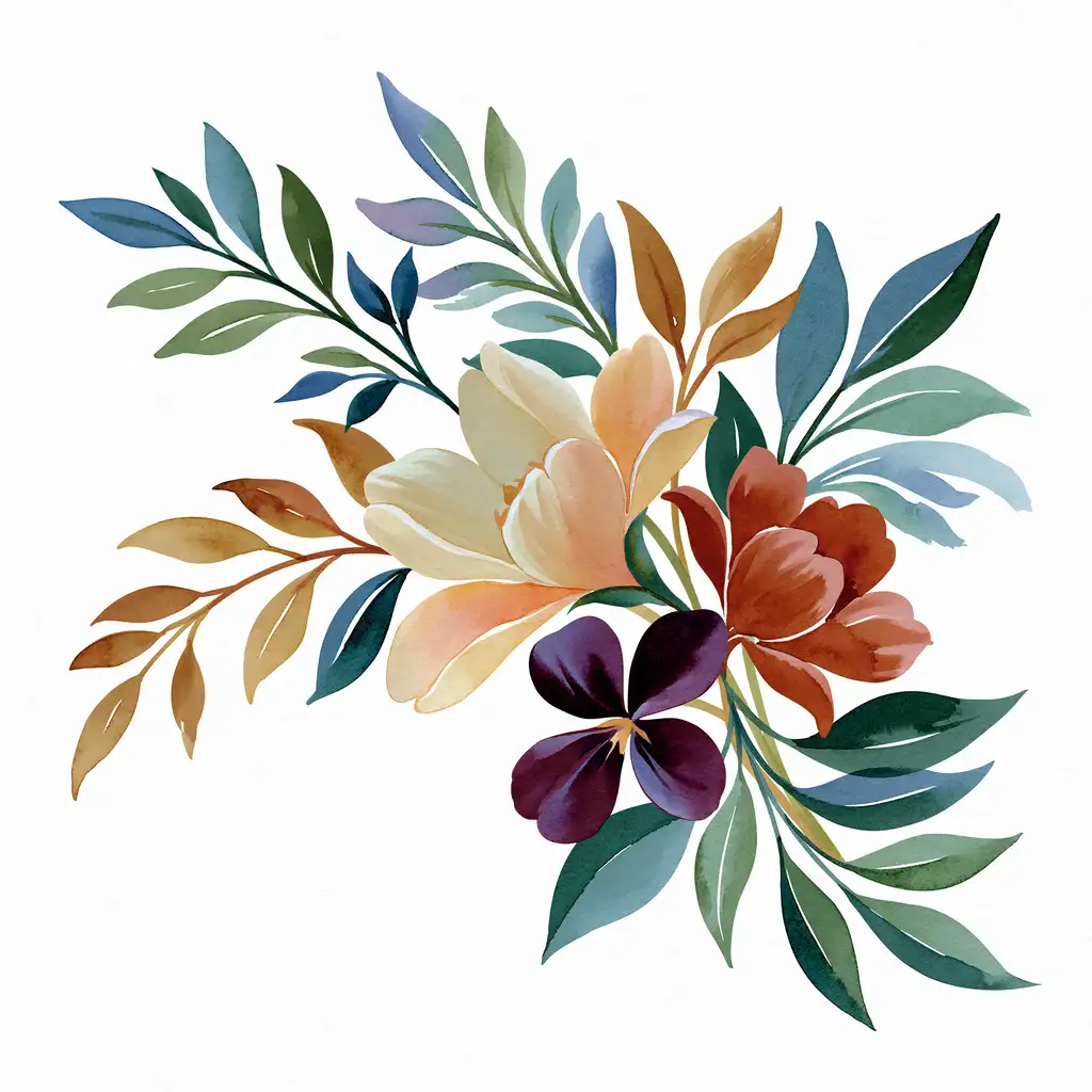 Watercolor floral arrangement with colorful flowers and foliage