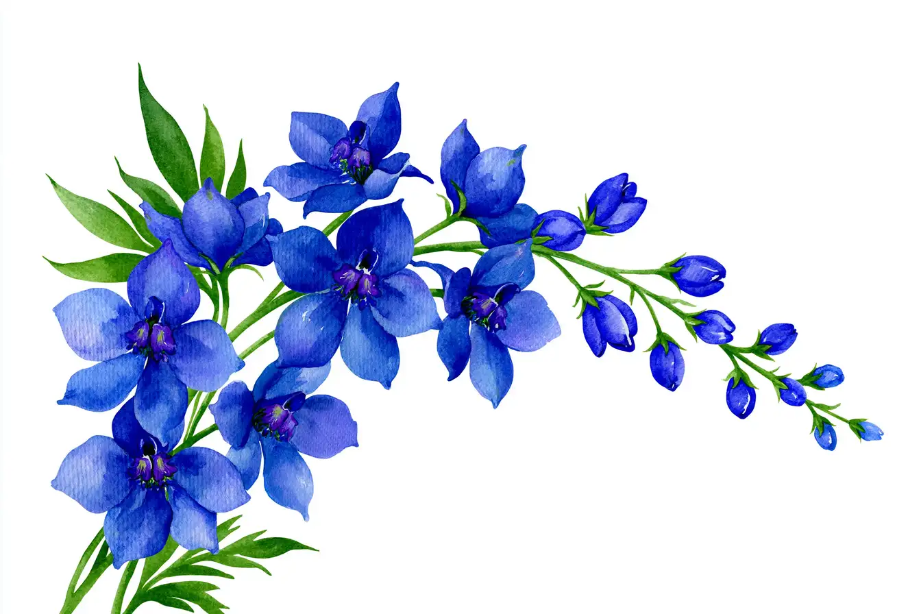 Watercolor blue delphinium flowers arrangement illustration