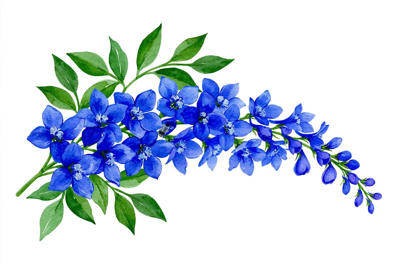 Watercolor blue delphinium flowers arrangement illustration