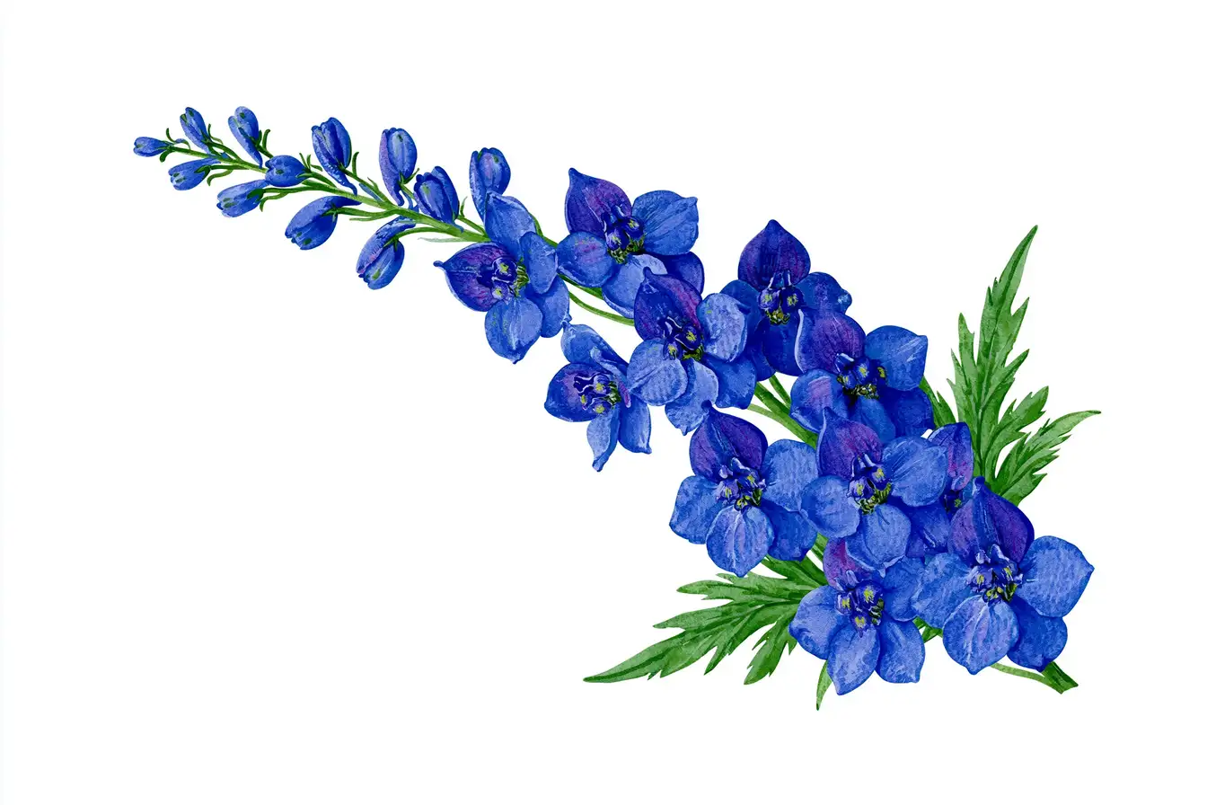 Watercolor blue delphinium flowers arrangement illustration