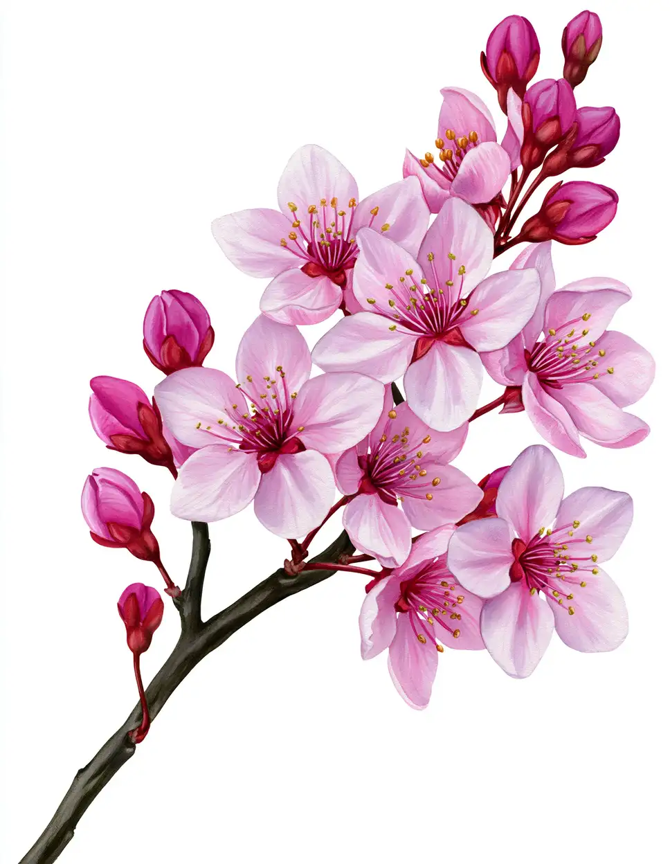 Pink cherry blossom branch with flowers and buds on white background