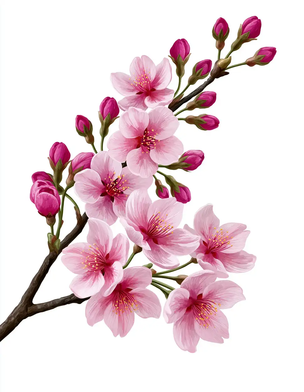 Pink cherry blossom branch with flowers and buds on white background