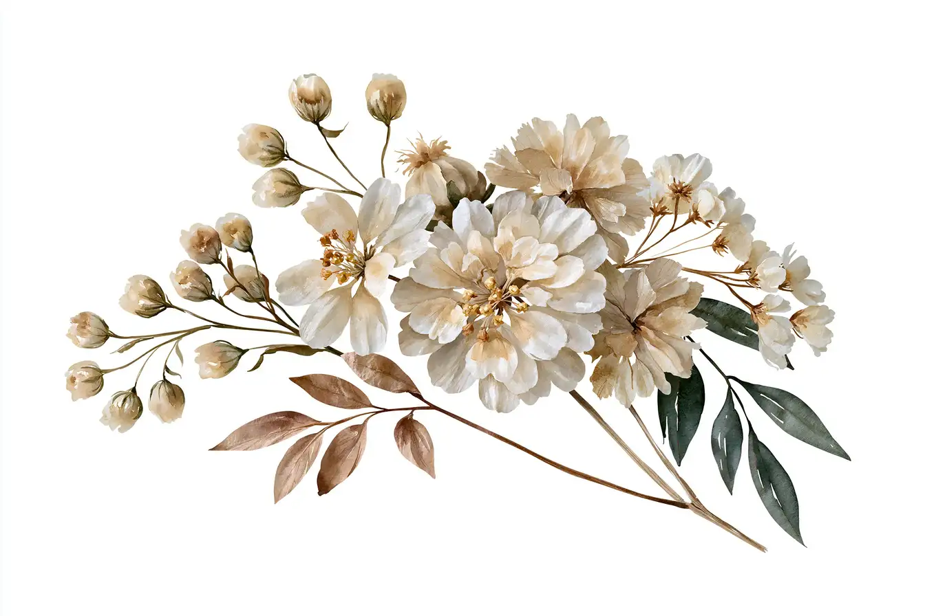 Watercolor floral arrangements with beige flowers and leaves
