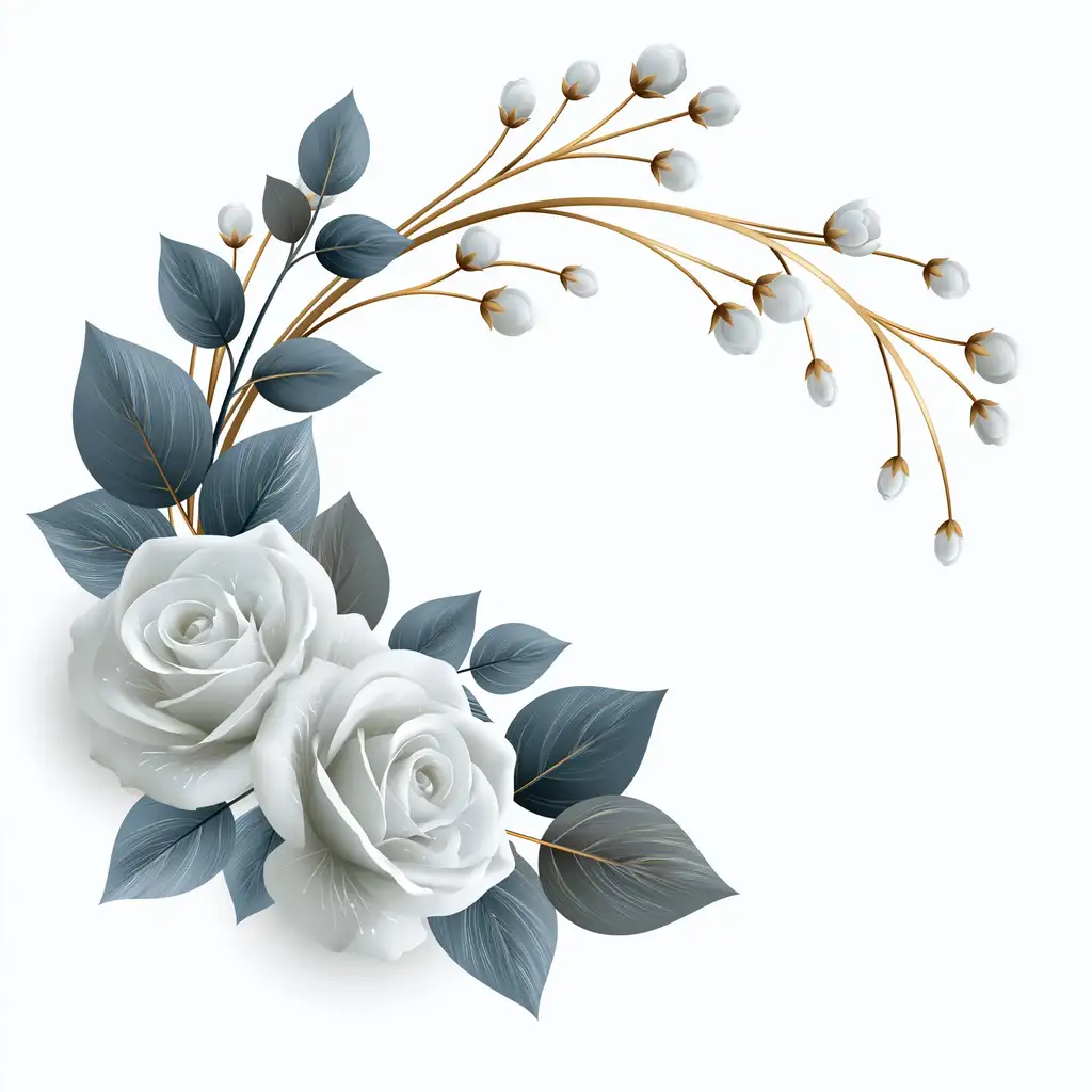Elegant floral arrangement with white roses and dark leaves isolated on white