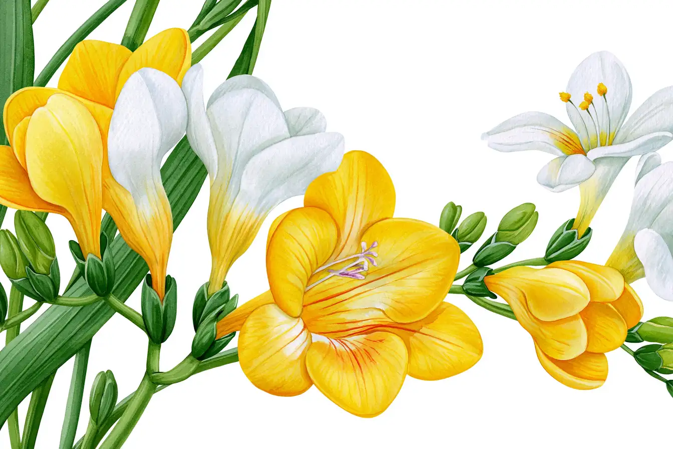 Yellow and white freesia flower illustrations on white background