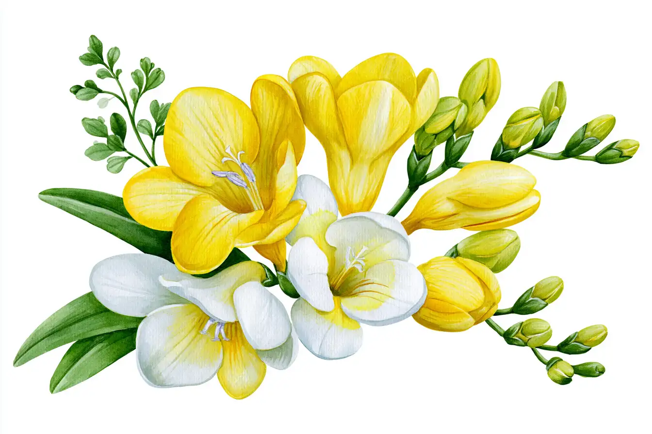 Yellow and white freesia flower illustrations on white background