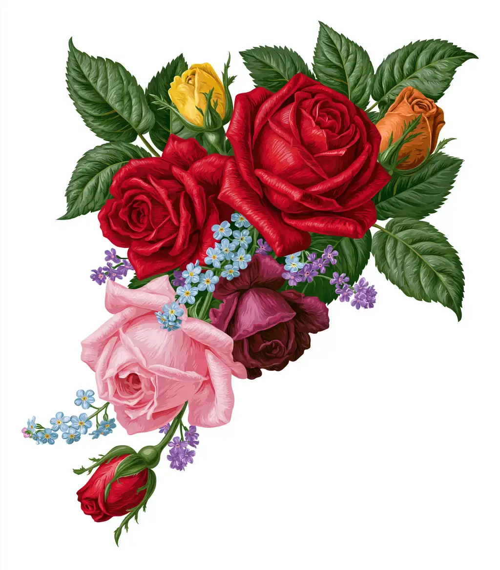 Colorful Rose Bouquet with Mixed Flowers Isolated on White