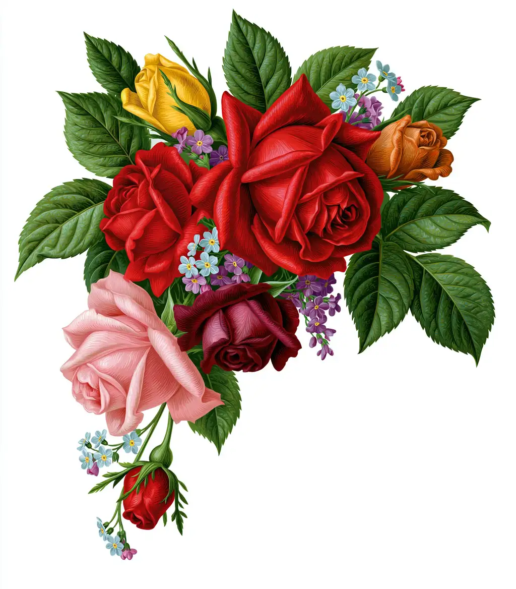 Colorful Rose Bouquet with Mixed Flowers Isolated on White