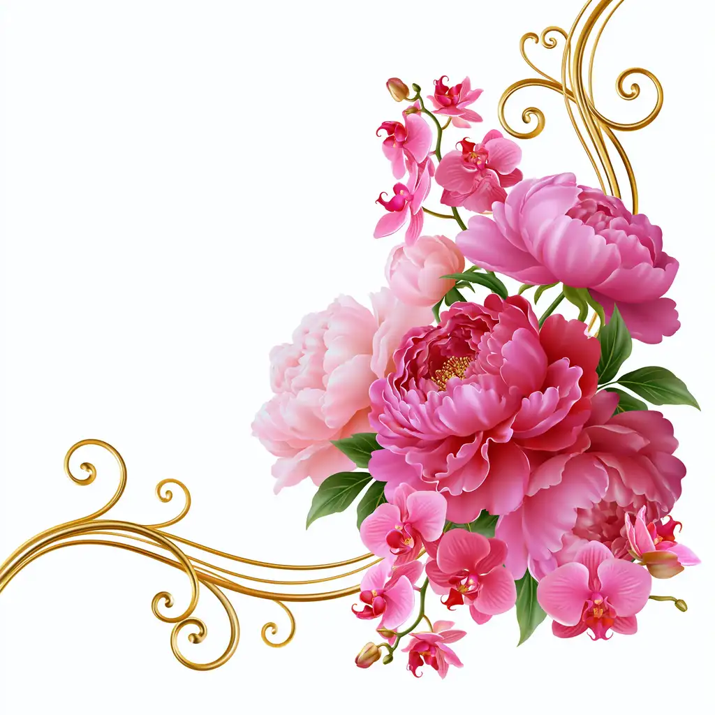 Pink peony and orchid floral arrangement with golden swirls on white background