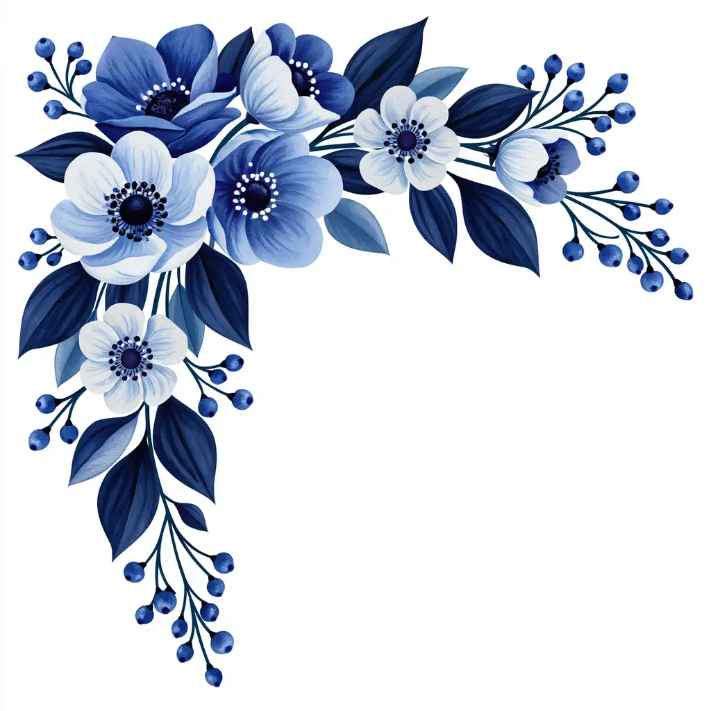 Blue Floral Corner Arrangement with Flowers Leaves and Berries