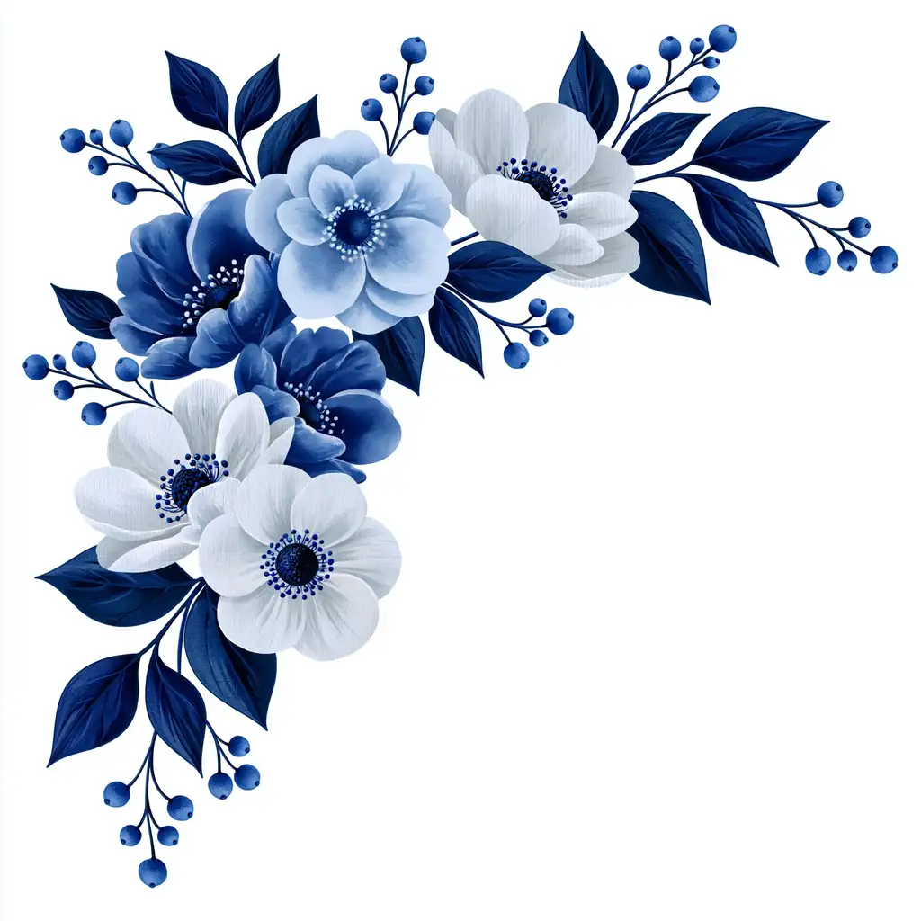 Blue Floral Corner Arrangement with Flowers Leaves and Berries