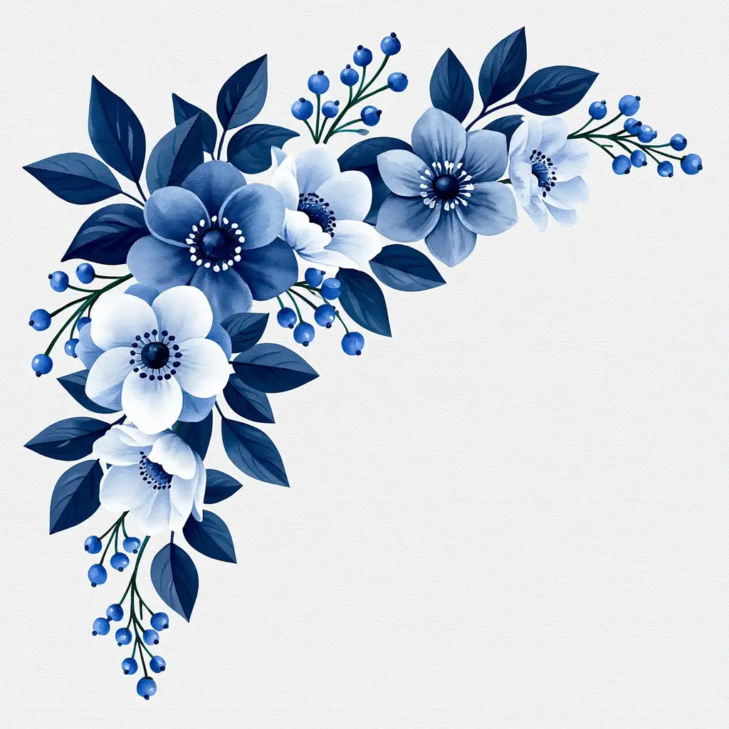 Blue Floral Corner Arrangement with Flowers Leaves and Berries