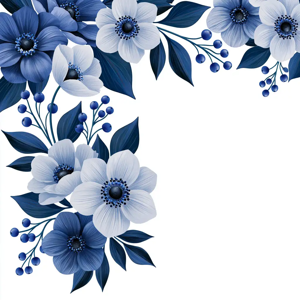 Blue Floral Corner Arrangement with Flowers Leaves and Berries
