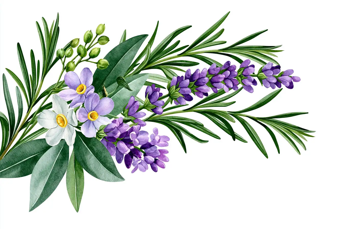 Watercolor illustration of purple flowers and green leaves
