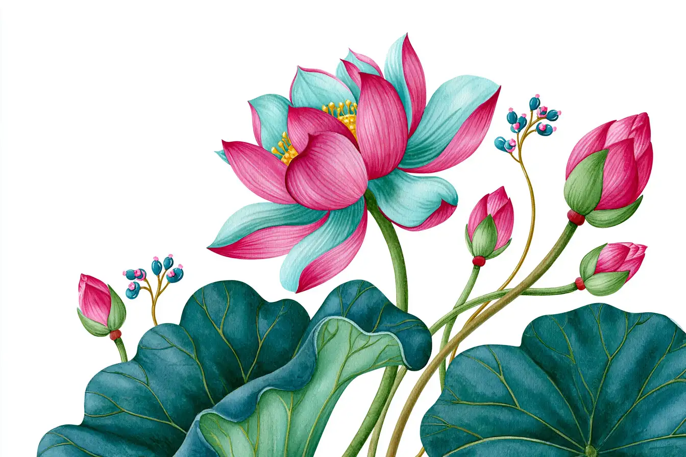Watercolor lotus flowers and leaves botanical illustration