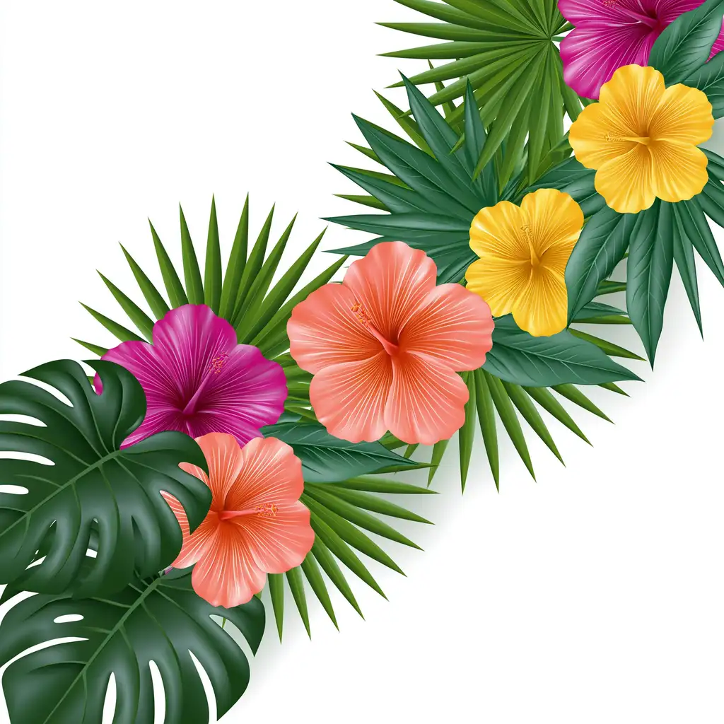Tropical floral arrangements with colorful hibiscus flowers and green palm leaves