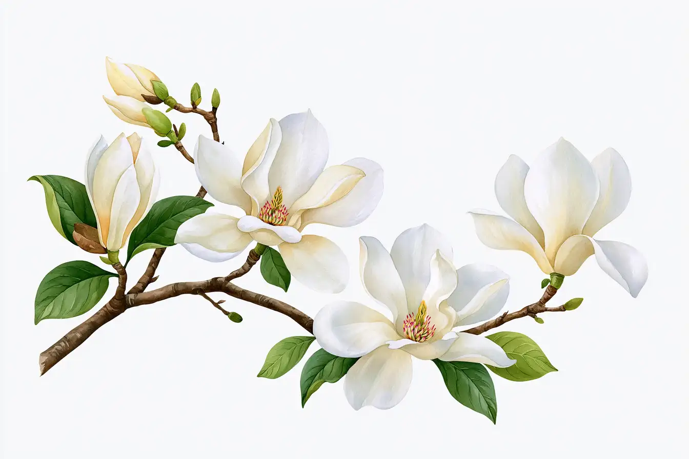 White magnolia branch illustration with flowers and green leaves
