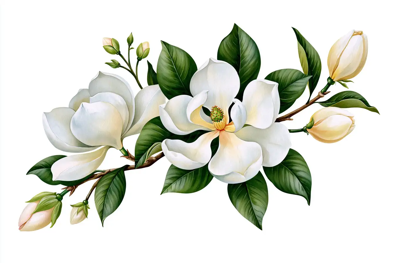White magnolia branch illustration with flowers and green leaves