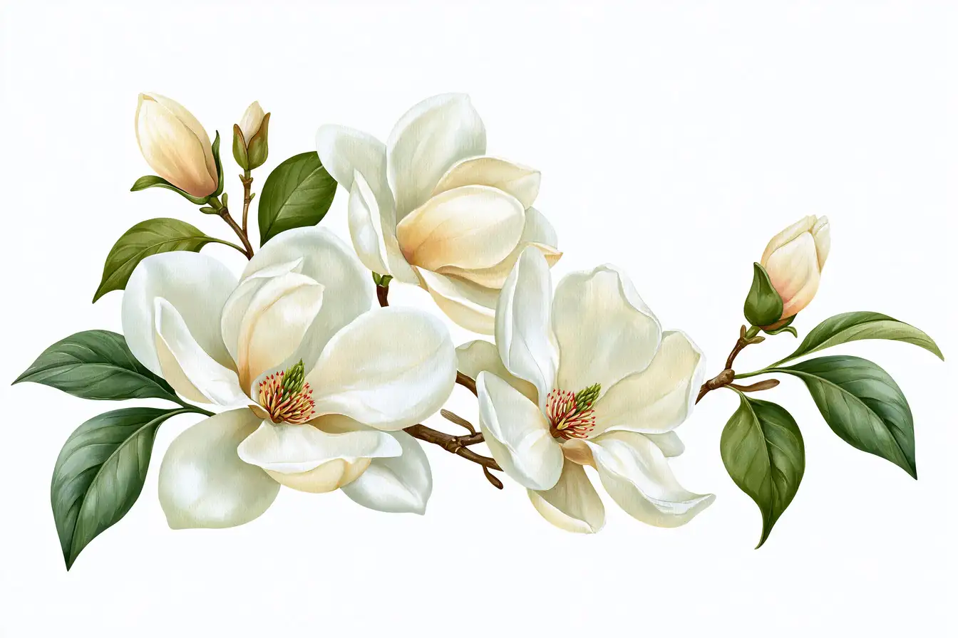 White magnolia branch illustration with flowers and green leaves