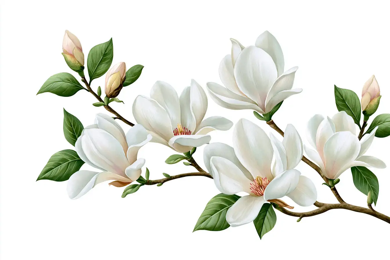 White magnolia branch illustration with flowers and green leaves