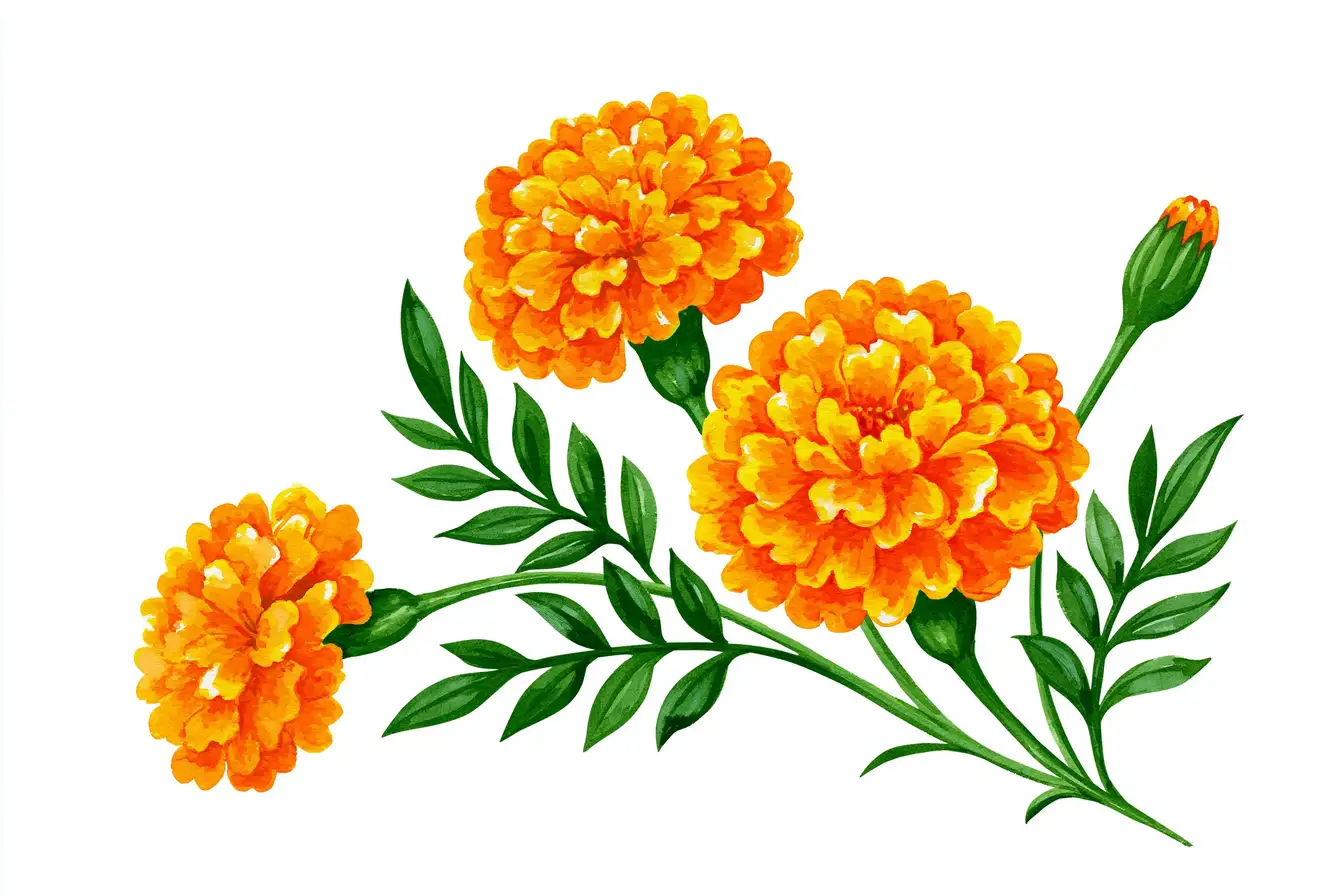 Orange marigold flower arrangements with green leaves isolated on white background