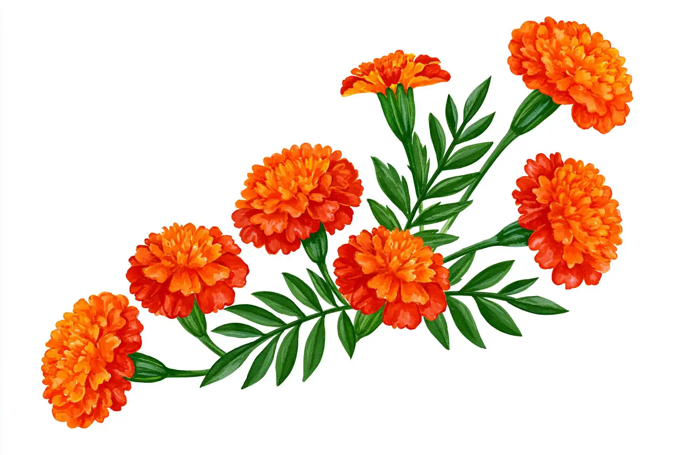 Orange marigold flower arrangements with green leaves isolated on white background