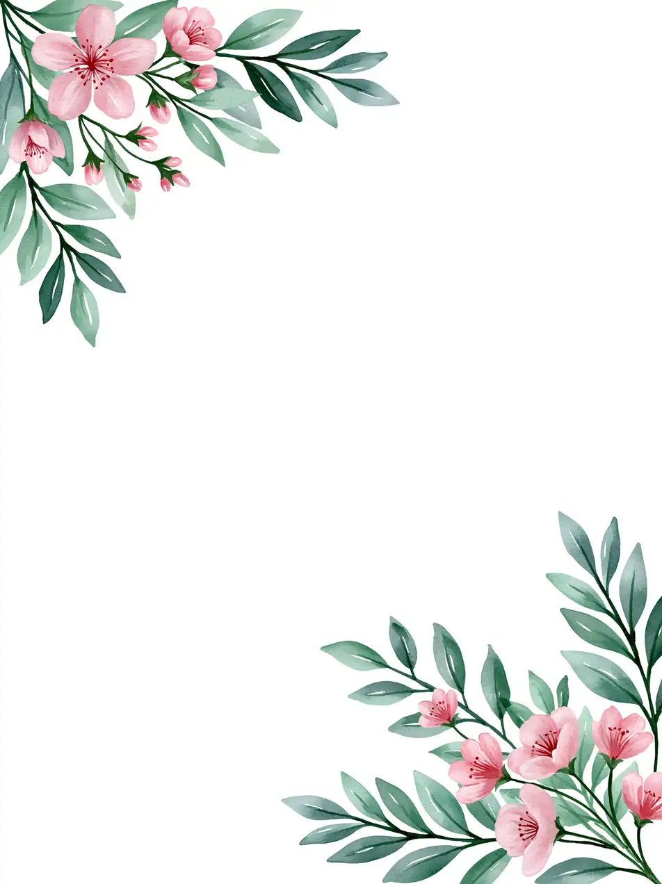 Watercolor floral corner frame with pink blossoms and green leaves