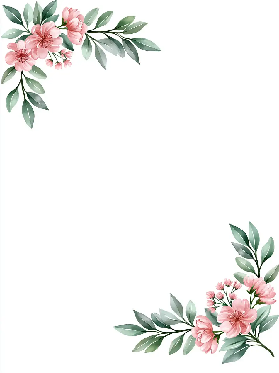 Watercolor floral corner frame with pink blossoms and green leaves