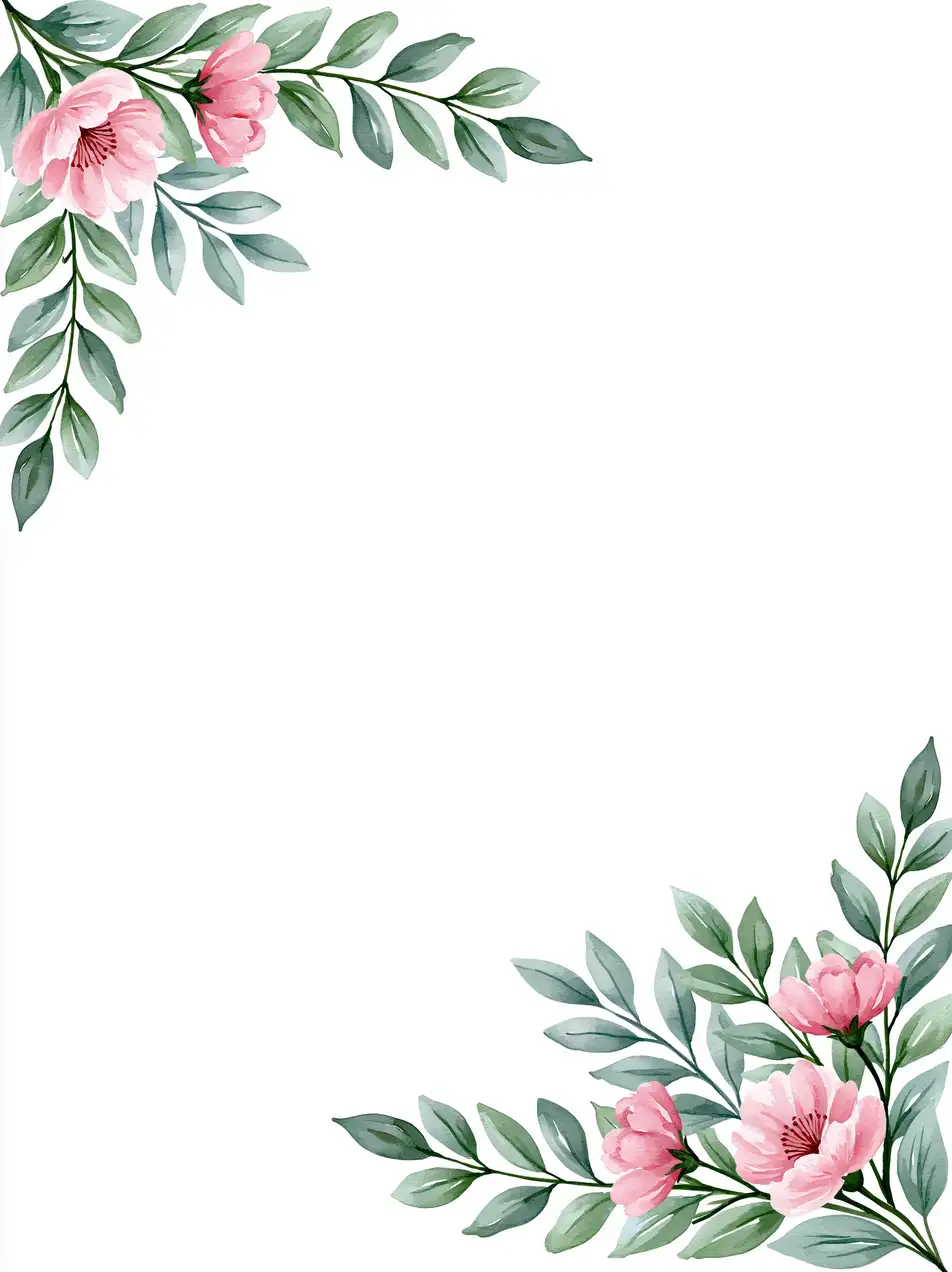 Watercolor floral corner frame with pink blossoms and green leaves