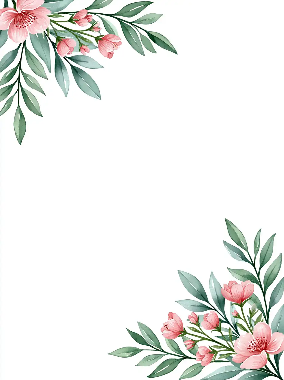 Watercolor floral corner frame with pink blossoms and green leaves