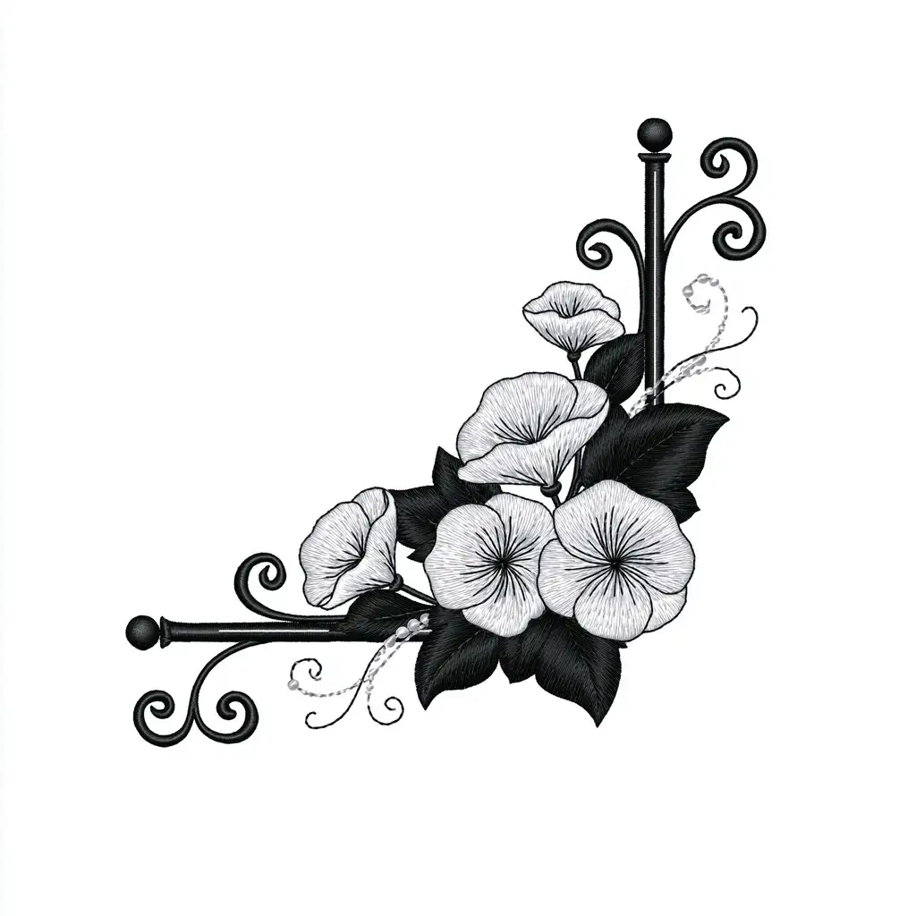 Black and white embroidered corner floral motifs with scrollwork and beads