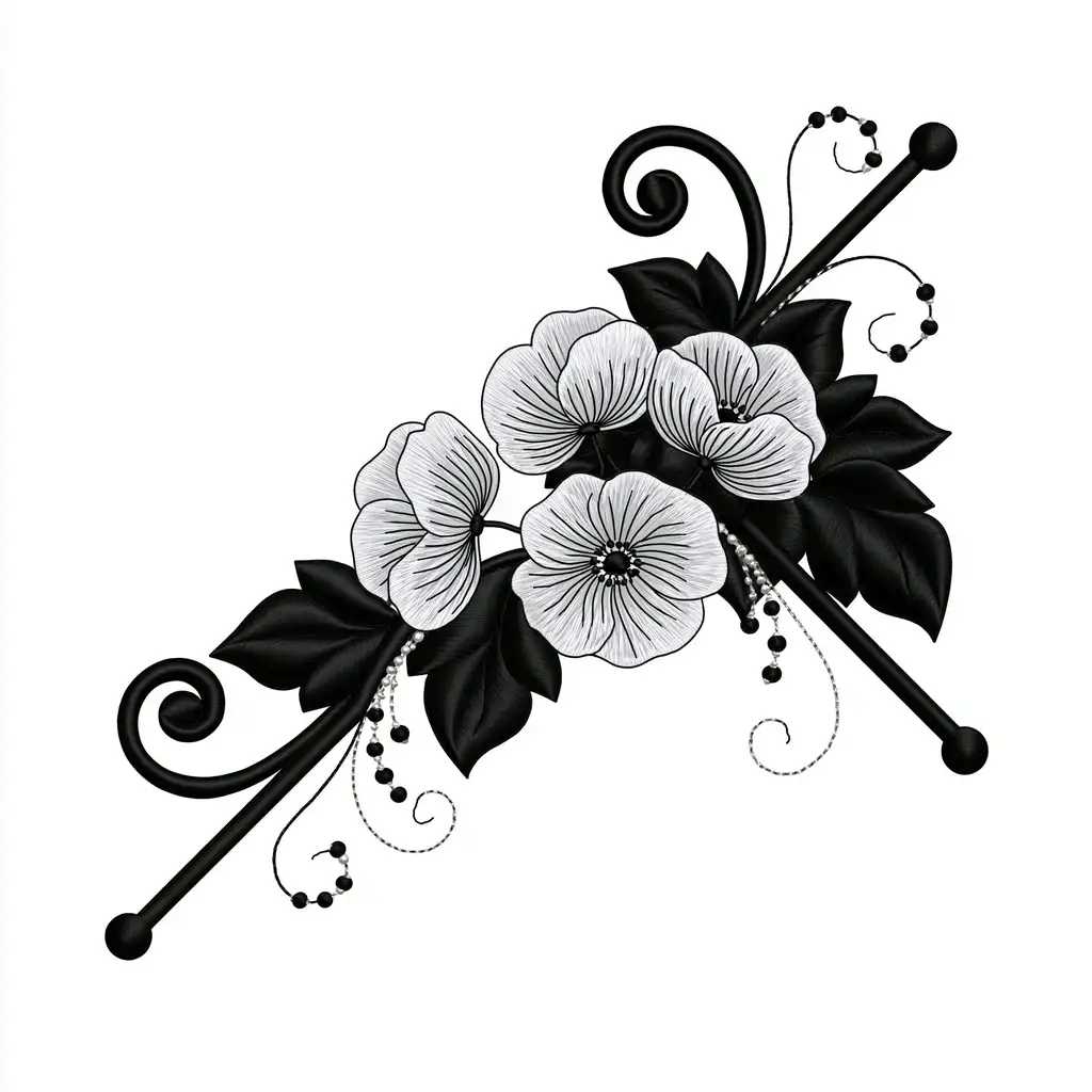 Black and white embroidered corner floral motifs with scrollwork and beads