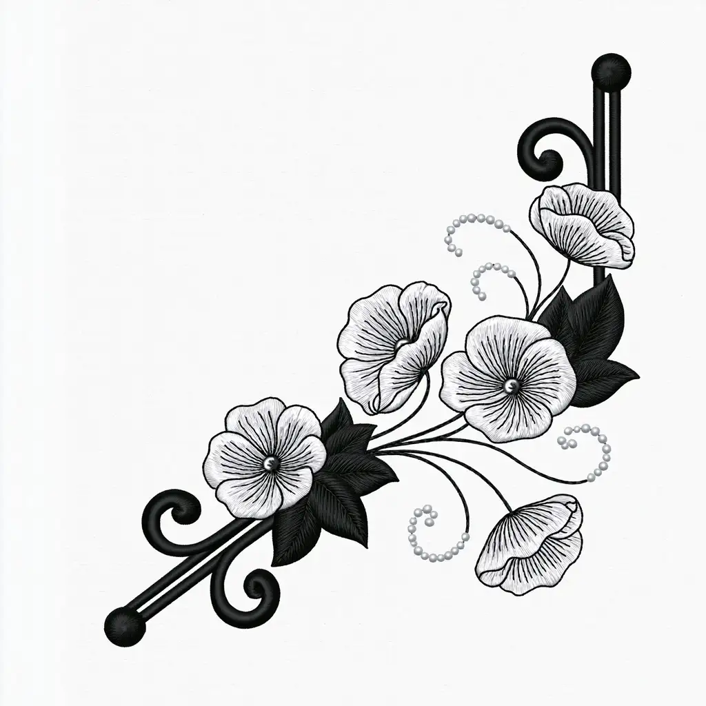 Black and white embroidered corner floral motifs with scrollwork and beads