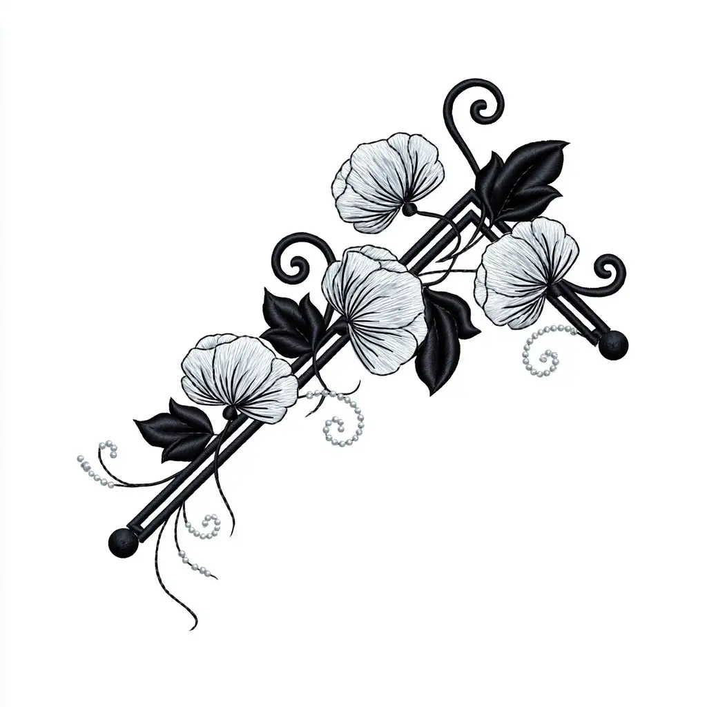 Black and white embroidered corner floral motifs with scrollwork and beads