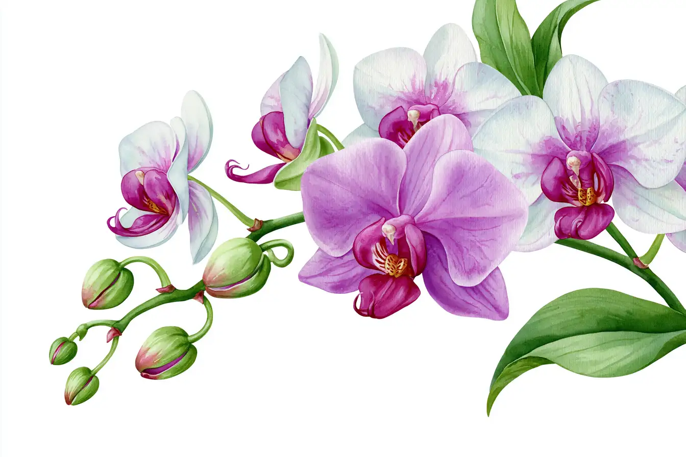 Watercolor Orchid Branch Floral Illustration