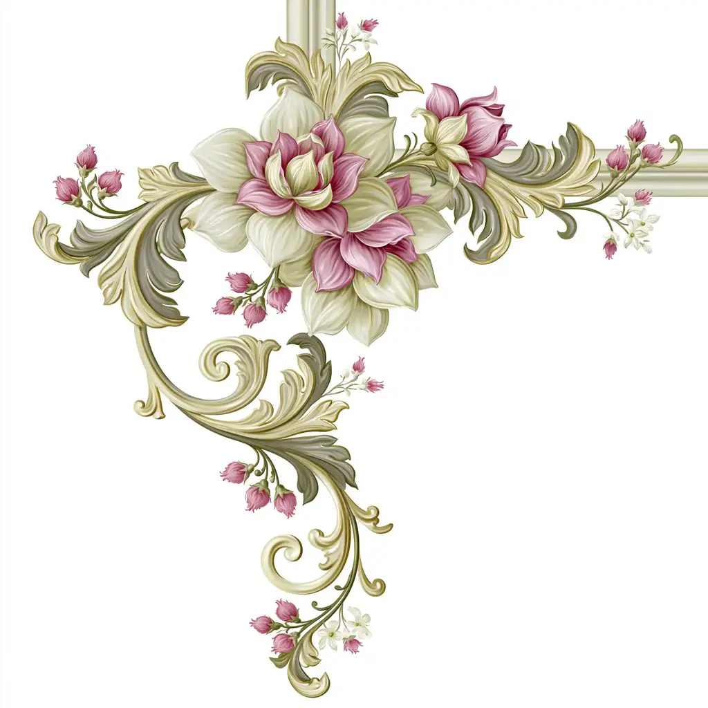 Baroque Floral Ornament with Pink and White Flowers and Acanthus Scrolls