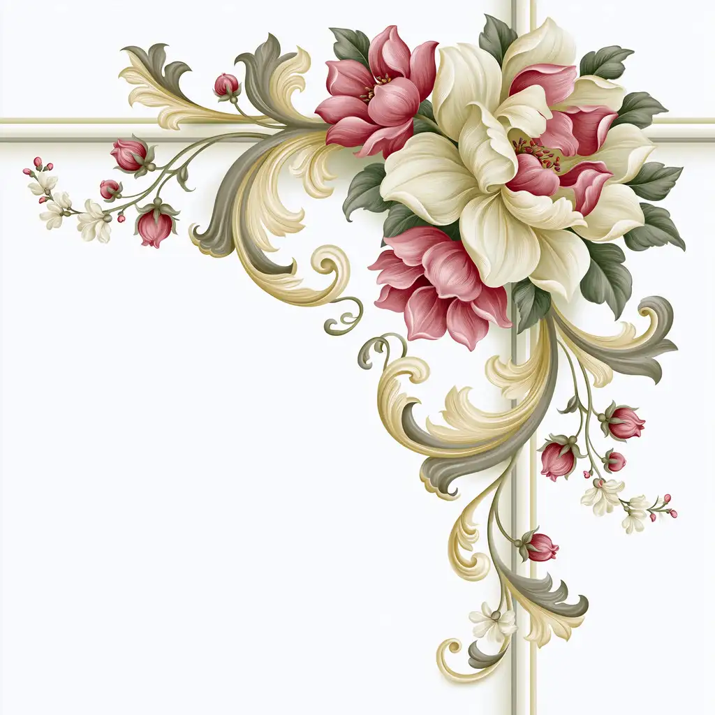 Baroque Floral Ornament with Pink and White Flowers and Acanthus Scrolls