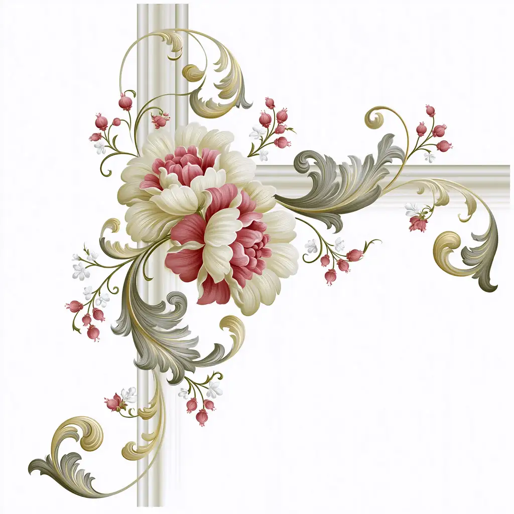 Baroque Floral Ornament with Pink and White Flowers and Acanthus Scrolls